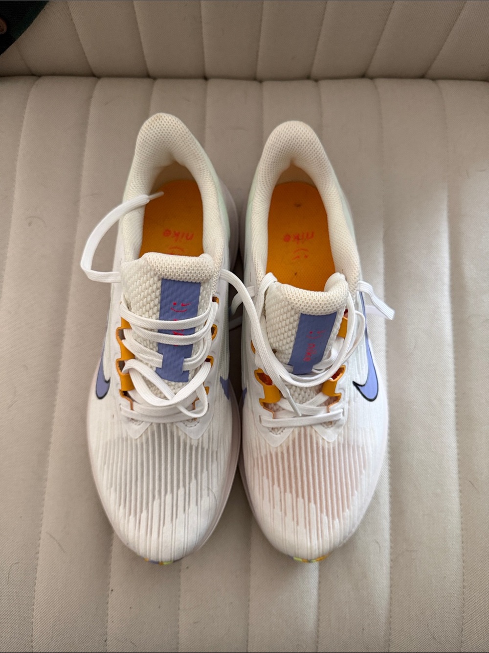 Nike White Sneakers with Purple Swoosh & Yellow Accents